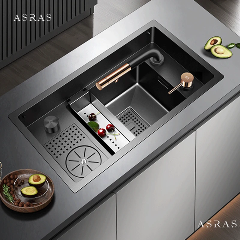 Фото Asras нанометр со скрытой крышкой, ополаскиватель для чашек, кухонные островные раковины толщиной 4 мм, раковины ручной работы с подъемным краном №1
