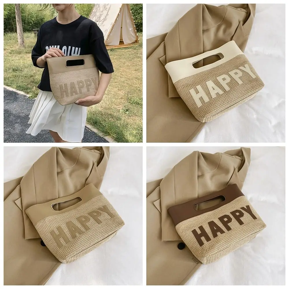 

PU Leather Straw Woven Tote Bag Casual Large Capacity Letter Patchwork Bohemian Travel