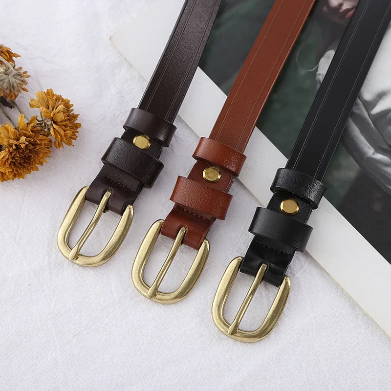 New Retro Bronze Women's Thin Belt Peeled Cow Leather Simple Fashion Belt Inse Style Jeans Coat Decorative Belt