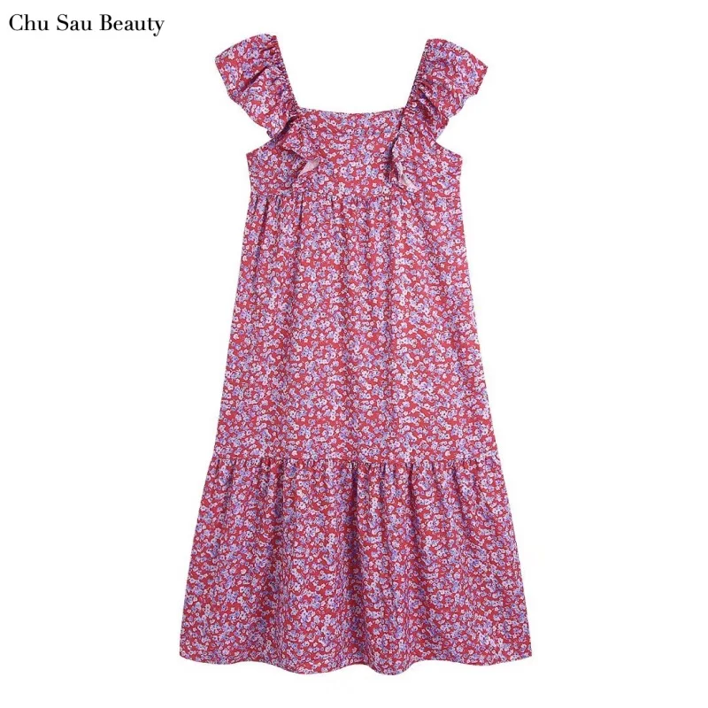

Chu Sau Beauty 2022 New Women Print Dress Fashion Sleeveless Ruffle Layered Slip Dress Sweet Casual Street Style