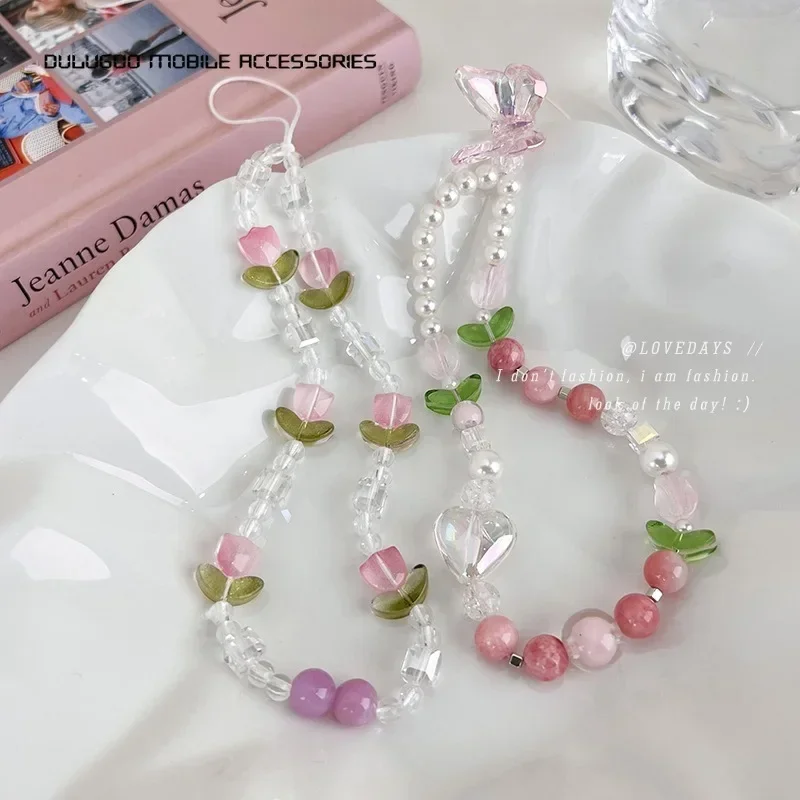 Корейские милые розовые тюльпаны персикового цвета с бисером подвесные ремни