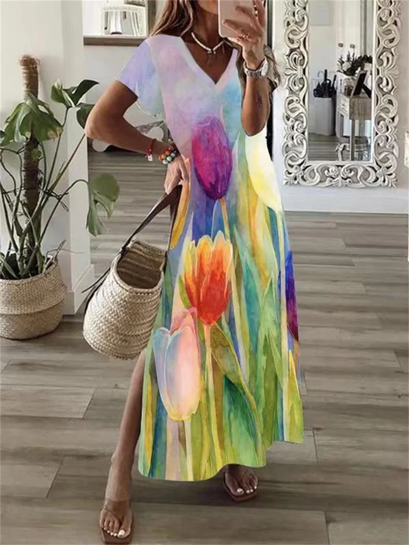 

Women'S Clothing Lady Summer V-Neck Floral Geometric Print Long Casual Dress Elegant And Loose Leisure Female Dresses 2023 New