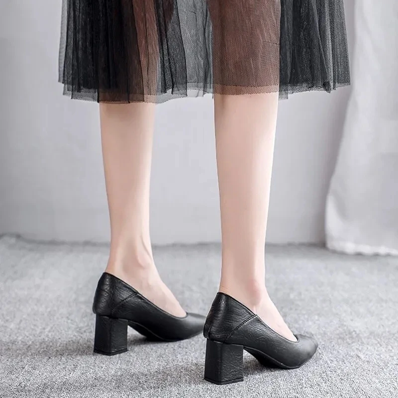 Black Chunky Heeled Women Shoes Square Heel Leather Shoes Pumps Zapatos De Mujer Fashion Designer Office Ladies Shoes