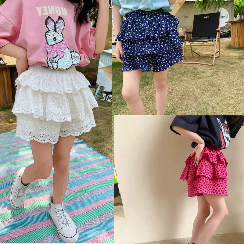 2023 Summer Girls Lace Fluffy Cake Culottes Shorts Toddler Kids Cute Fashion Korean Version Short Pant Children Clothing