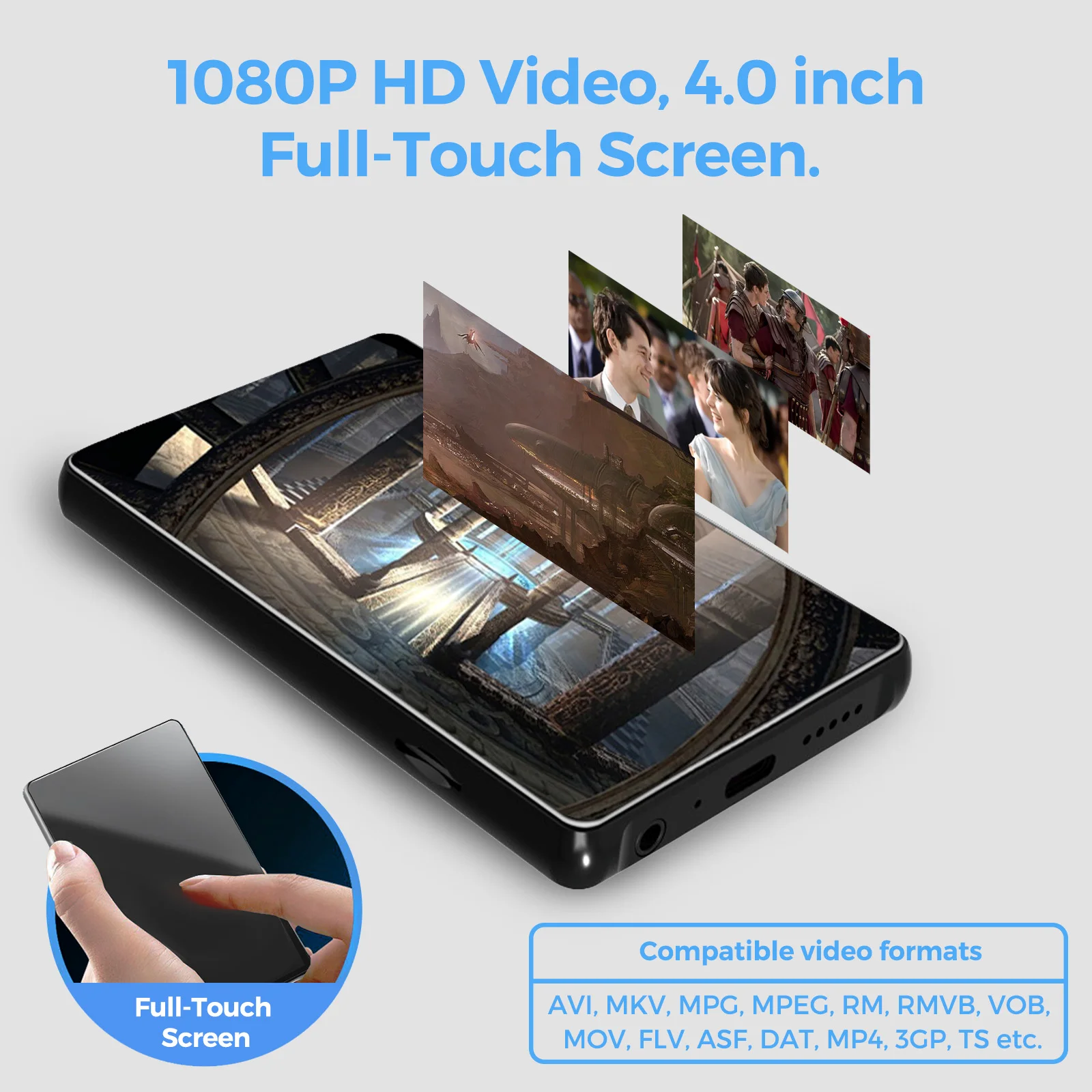 

Mp4-плеер, 1080p Hd видео, 4,0 дюймовый Полноэкранный сенсорный экран, Портативный Hifi звук Mp3 музыкальный плеер с Bluetooth 5,0, диктофон,