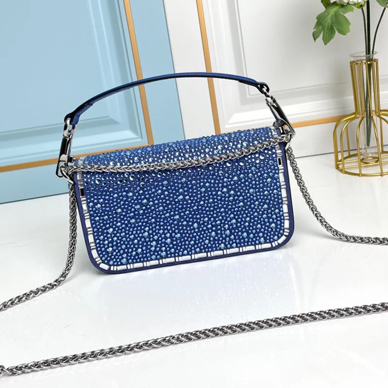 New Women's Bag Beaded Chain Bag Fashion Retro Shoulder Bag Top Handbag Shiny Purse Ladies Dinner Bag Armpit Bag