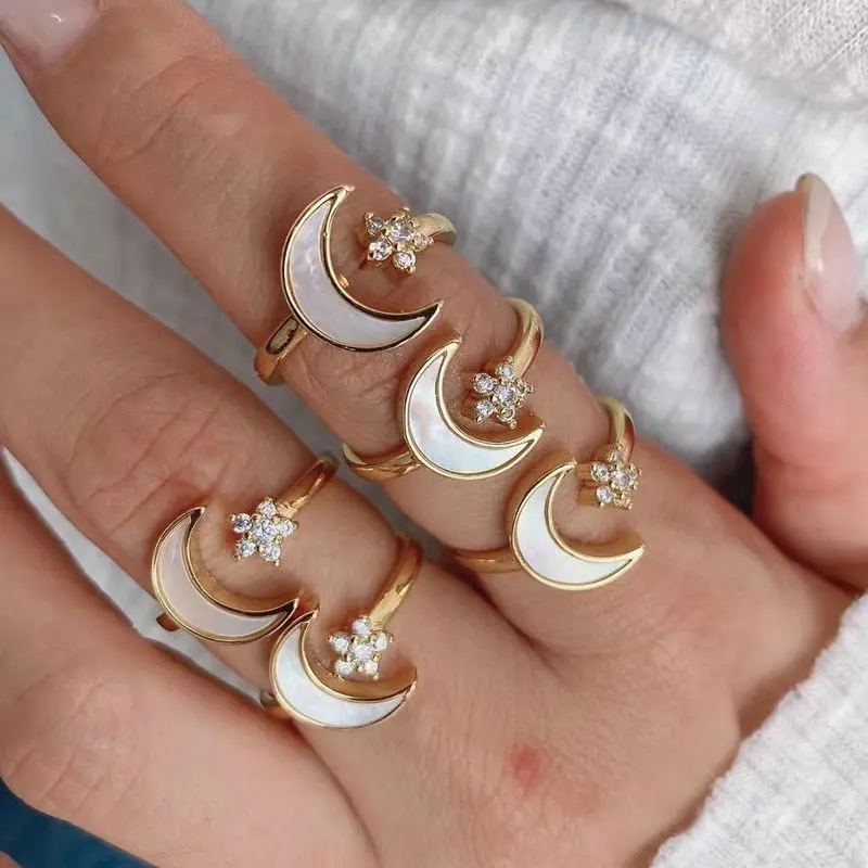 10 шт./лот модные кольца в форме Луны/звезды позолоченные с ракушкой регулируемое