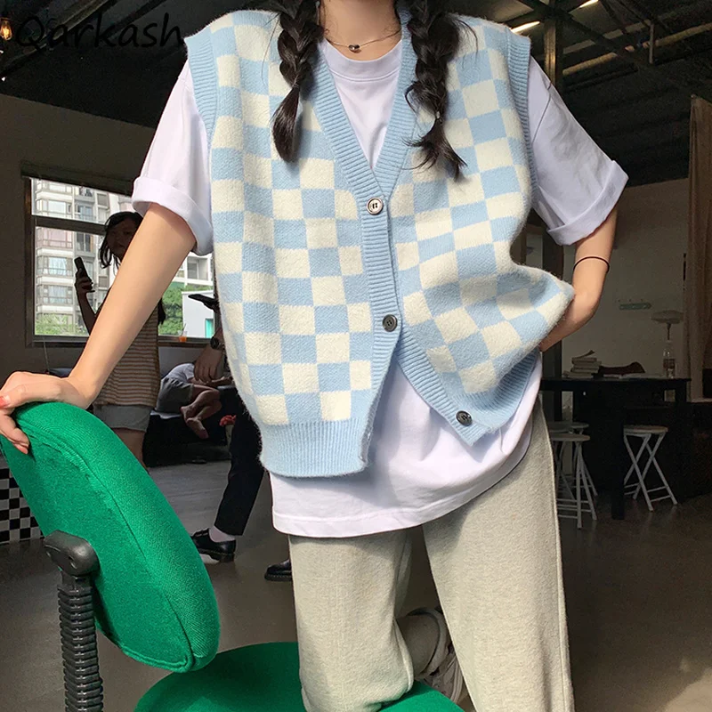 

Sweater Vests Women Plaid Simple S-4XL Sleeveless Basic Knitwear Slim Feminine Single Breasted All-match High Street Daily New
