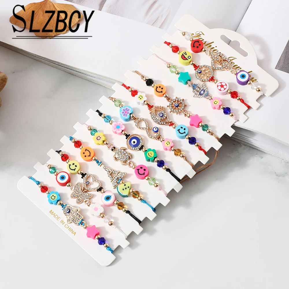 12pcs/lot Clay Beads Smiley Jewelry Women Turtle Tree of Life Friendship Bracelet Pendant Teen Toddler Cute Adjustable Anklets