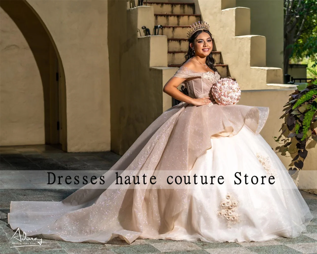 

Princess Champagne Tulle Quinceanera Dresses 2023 Off Shoulde Lace Applique Beaded Sweet 16 Dress Vestidos De 15 Anos