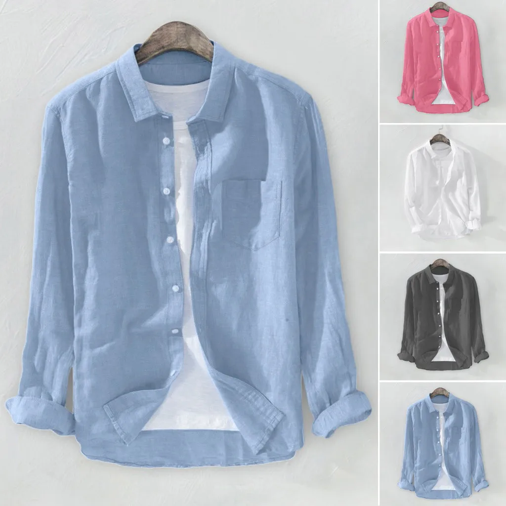 

Shirt Men Baggy Solid Cotton Linen Long Sleeve Button Down Plus Size Shirts Autumn Streetwear Shirt Men