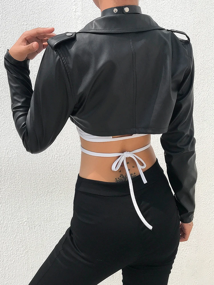 Iamhotty Black PU Leather Crop Jacket Street Wear Punk Style Womens Coats Long Sleeve Turn-Down Zipper Short Jacket 2019 Fashion