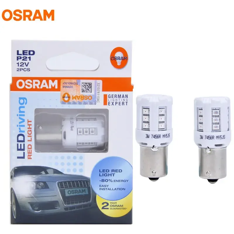 

Светодиодные Лампы OSRAM P21W S25 1156 BA15s 7456R, Красные, 3 Вт, 12 В, Автомобильные, Для Стоп-сигналов