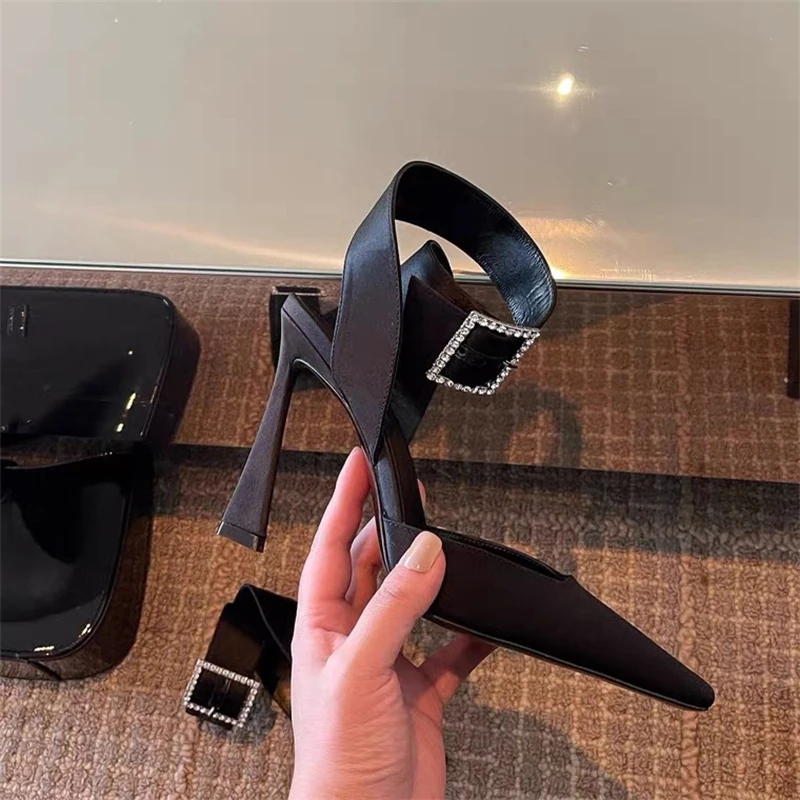 2023 New Style Rhinestone Square Buckle Thin Heel Wrapped Sandals Square Back Hollow Shallow High Heel Single Shoes