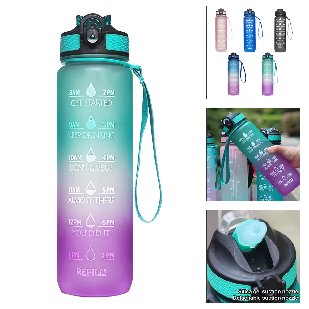 

32 Oz Leakproof Drinking Water Bottle with Time Marker Carry Strap Straw Leak Proof Sports Water Jug for Hiking Fitness