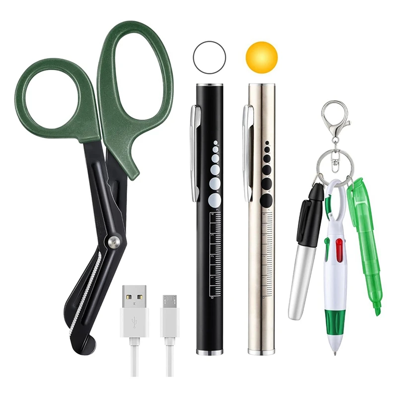 Nurse Tool Set Rechargeable Pen Light With Two Led Sources And Pupillometer 6 Inch Scissors Highlighter Durable