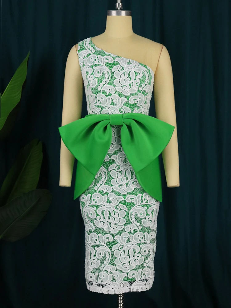 One Shoulder Dresses Sleeveless Women Bodycon Green Lace Patchwork Cocktail Event Party Outfits for Ladies Plus Size 4XL