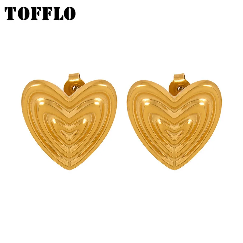 

TOFFLO Stainless Steel Jewelry Heart Line Texture Earrings For Women's Sweet And Simple Earrings BSF750
