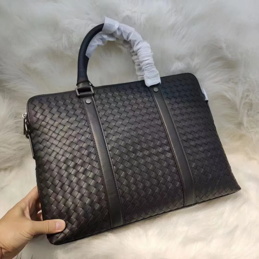 Men's Briefcases Classic Plaid Genuine Leather Laptop Bag Computer Luxury Briecases Bags for Document Leather Messenger Lotes