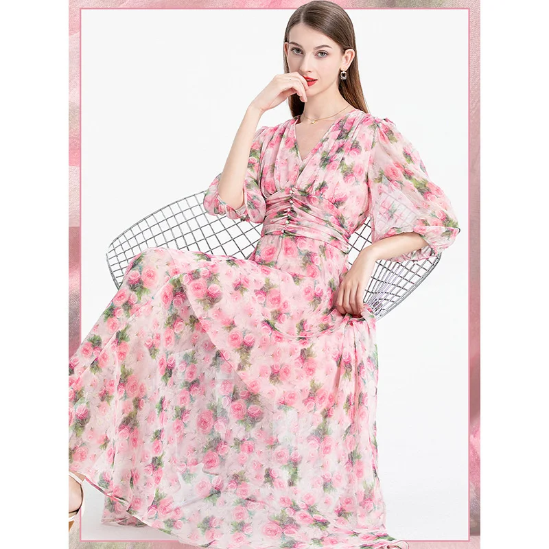 Mulberry Silk Printed Dress Summer 2023 New Slim and Gentle French Floral dress Reduce Age Slim floral silk dress summer 23E042
