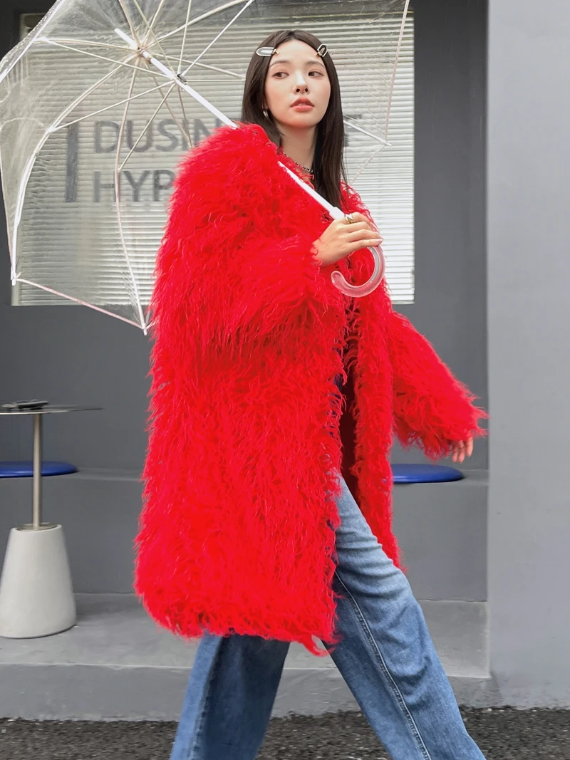New 2023 Autumn and Winter High-End Red Fur Coat Fashion Imitated Mongolia Sheep Fur V-neck Loose Temperament Long Fur Jacket
