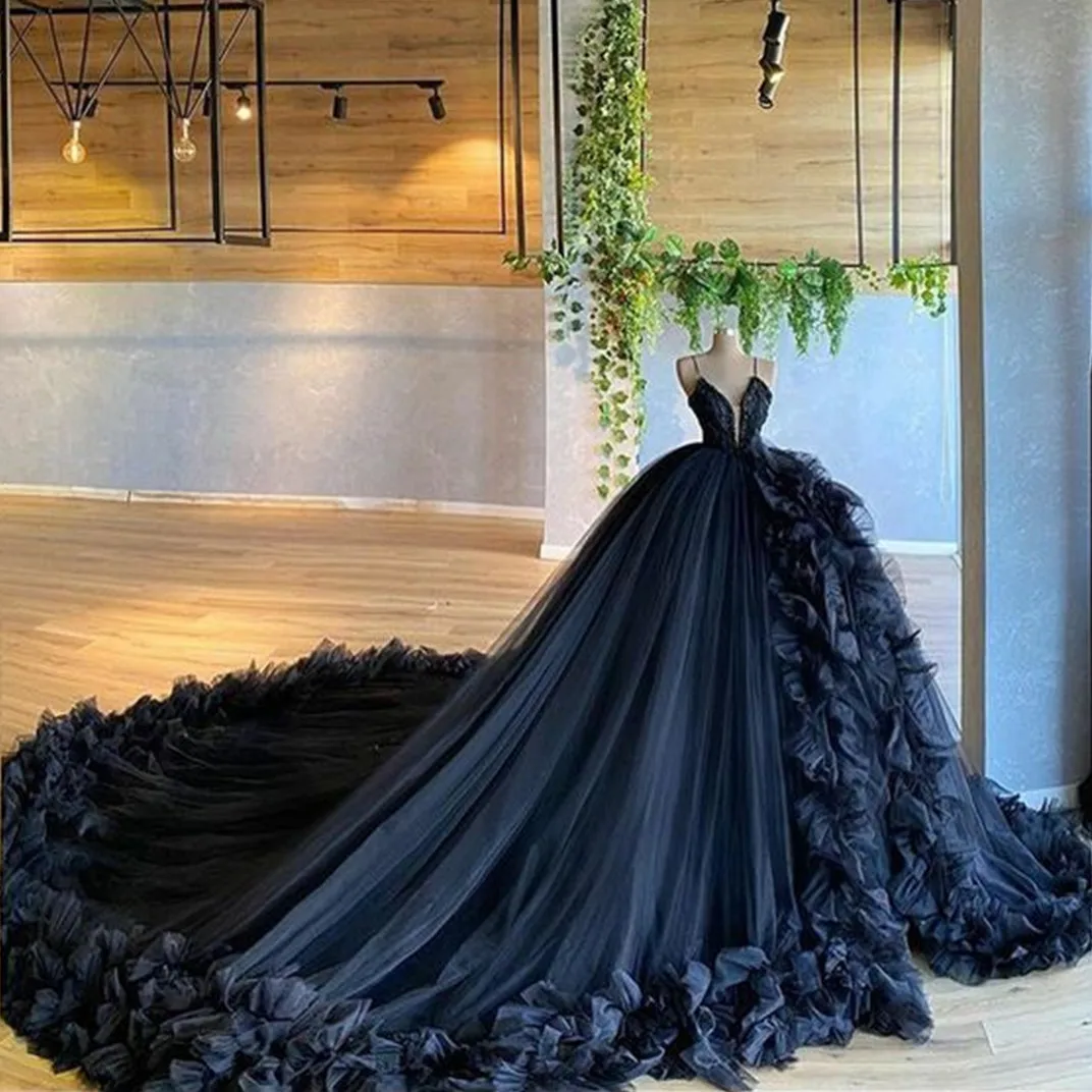 

Black Fluffy Prom Dresses Strapless Beads High Split Ruffles clound aso ebi lace-up corset Celebrity red carpet Evening Dress