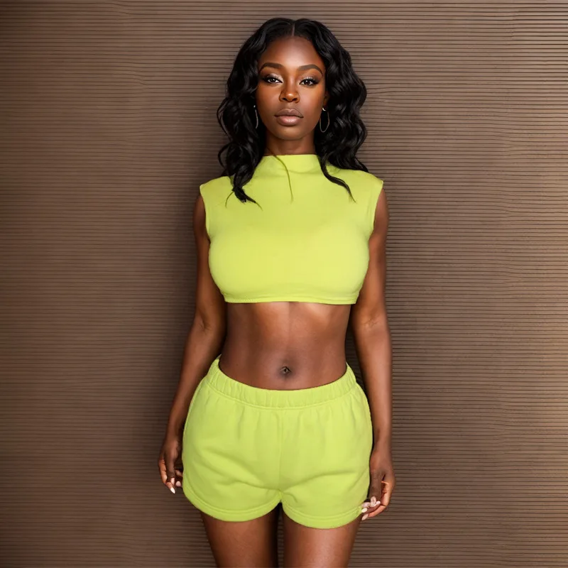 Женский спортивный костюм из двух предметов флуоресцентный зеленый короткий топ