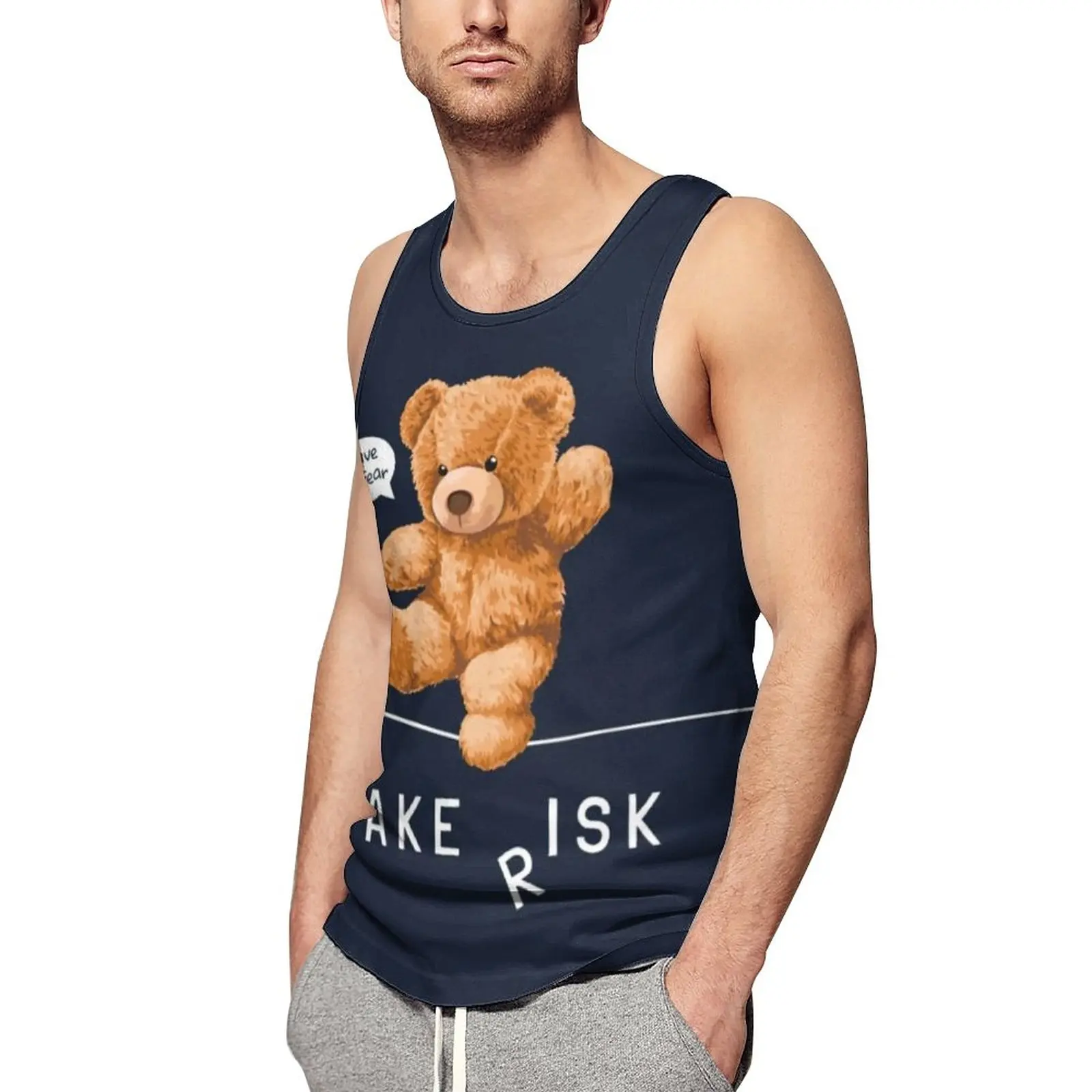 

Bear Toy Walking On String Tank Top Men Have No Fear Take Risk Fashion Tops Summer Training Printed Sleeveless Shirts Plus Size