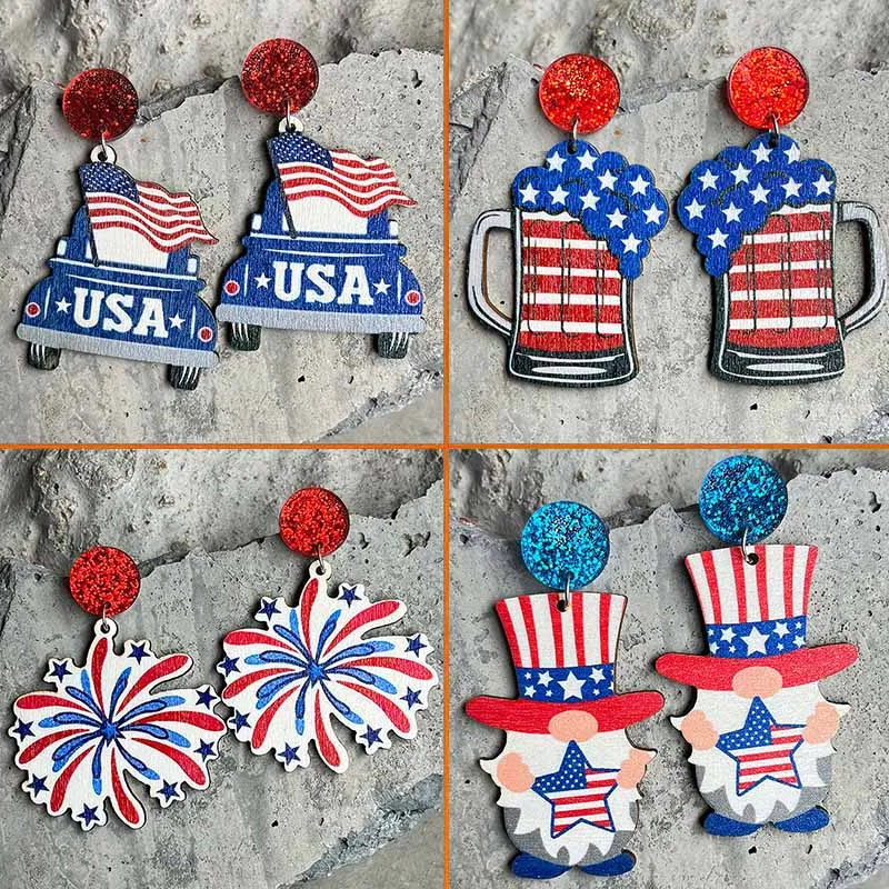 

New Independence Day Wooden Earrings Elf Goddess of Liberty Beer Cup July 4th US National celebration Decorative Ear Ring Gift