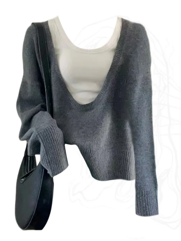 Осенне-зимние женские винтажные комплекты из двух предметов свитер с V-образным