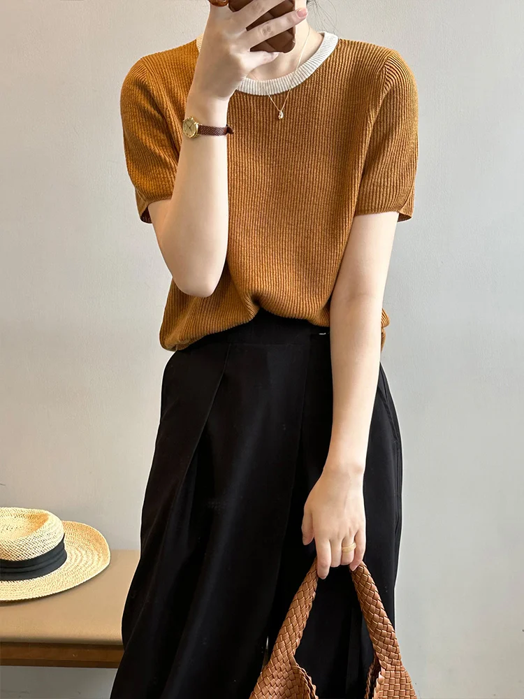 Женская футболка с коротким рукавом элегантная свободная тонкая трикотажная из