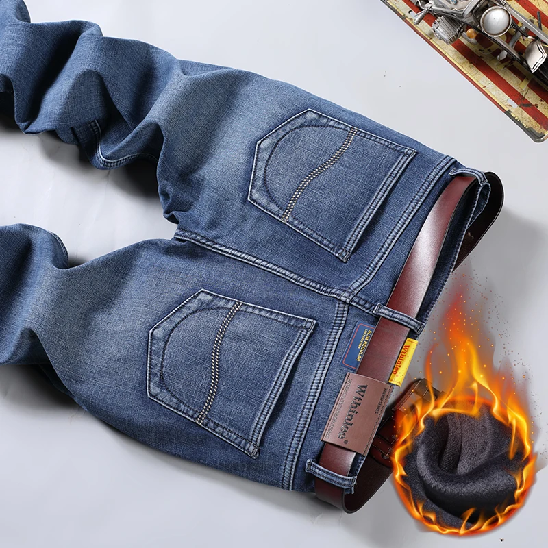 Autumn and Winter Fleece-lined Business Jeans Men's Straight Classic Labor Suit Casual Loose Thickening Keep Warm Pants