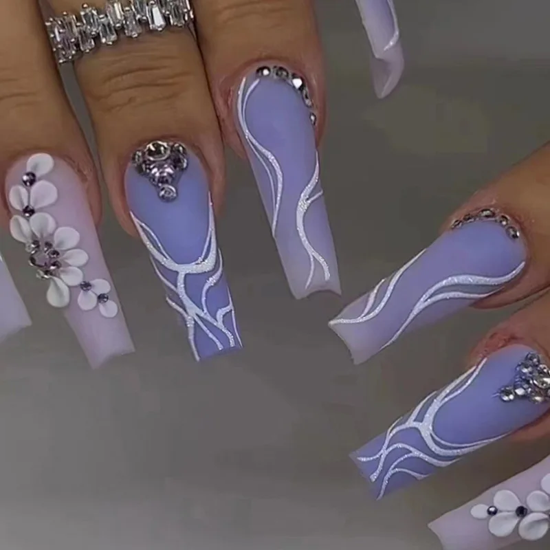

24Pcs Artificial Nails Set with Rhinestone Long Ballet False Nails Purple Lines Flower Design Coffin Fake Nail Tips Press on