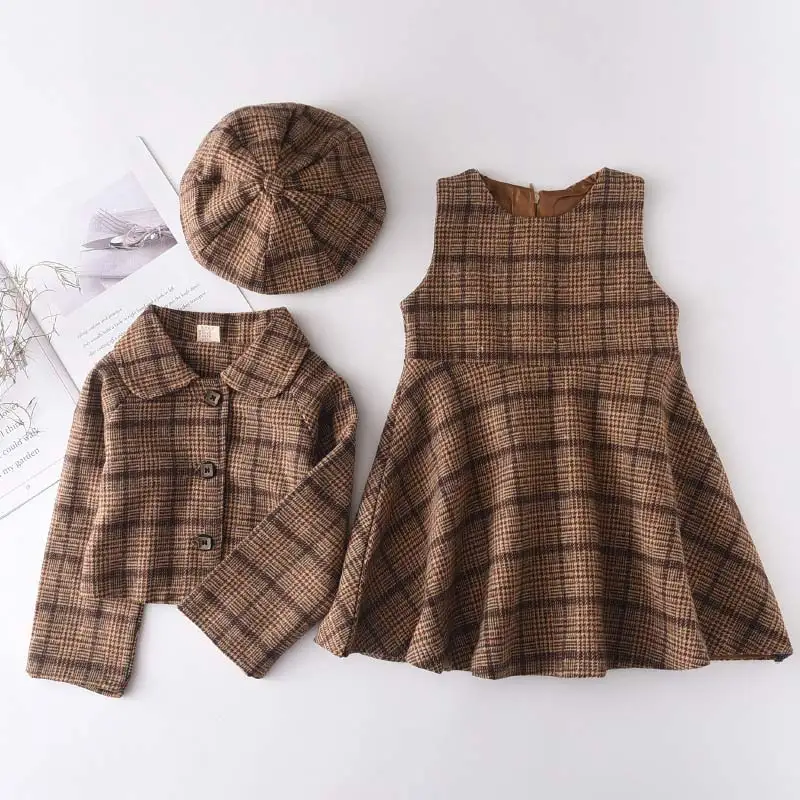

Baby Girls Princess Clothes Sets Kids Plaid Dresses And Coats With Berets 3Pcs Children's Casual Fashion Outfits Cute Suits 2-6Y