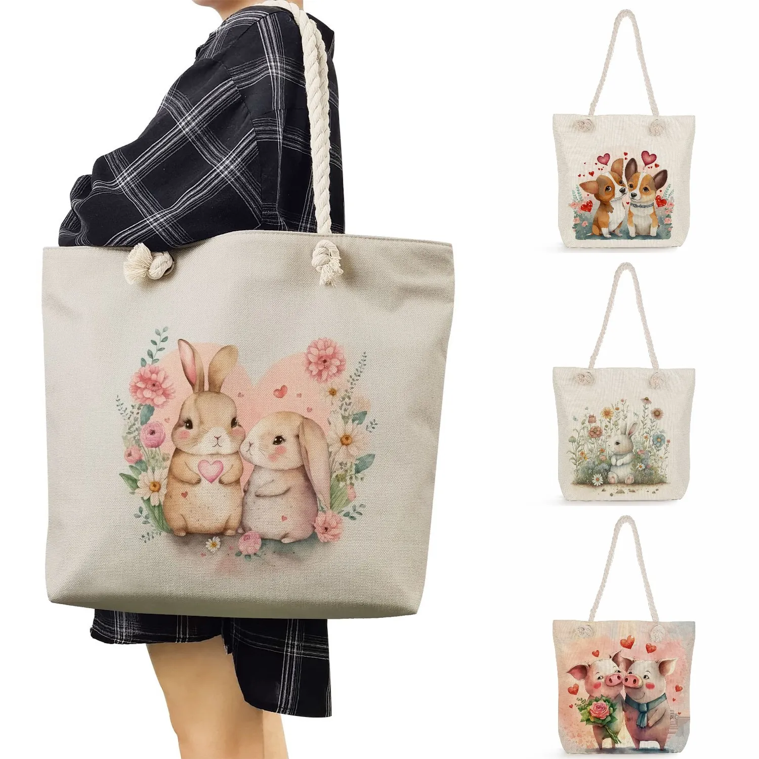 

Cartoon Cute Casual High Floral Animal Printed Handbags Travel Thick Rope Beach Bag Portable Capacity Women Shopping Tote Bags