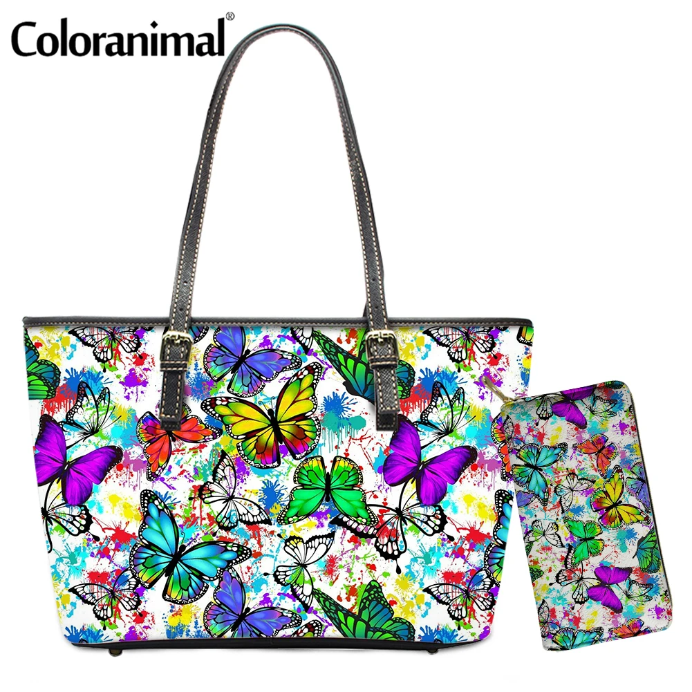 

Coloranimal Colorful Butterflies Printed Women Top-Handbag Tie Dye Design PU Leather Shoulder Bag for Female 2Pcs Totes Bosla