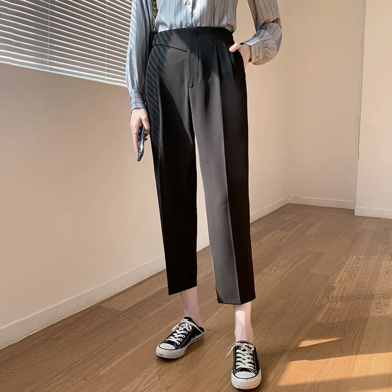 

Office Lady All Match Elegant Solid Loose Womens Trousers Casual Pants Women High Waist Buttons Fashion Straight Bottoms100C