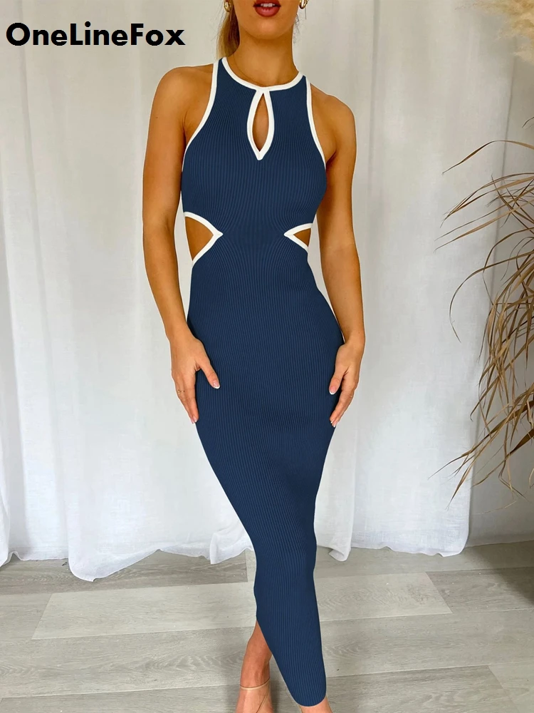

OneLineFox Rib Sexy Spaghetti Strap Dress for Women Sleeveless Hollow Out Bodycon Party Elegant Evening Dresses Clothes Clubwear