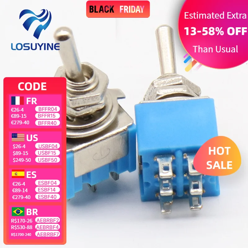 

5 шт./лот синие 6-контактные миниатюрные переключатели DPDT ON-ON Mini 6A125VAC