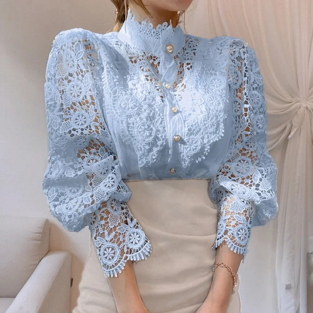 

Женская кружевная блузка, элегантная ажурная блузка с цветочным кружевом, Лоскутная рубашка с воротником-стойкой, осенняя модель