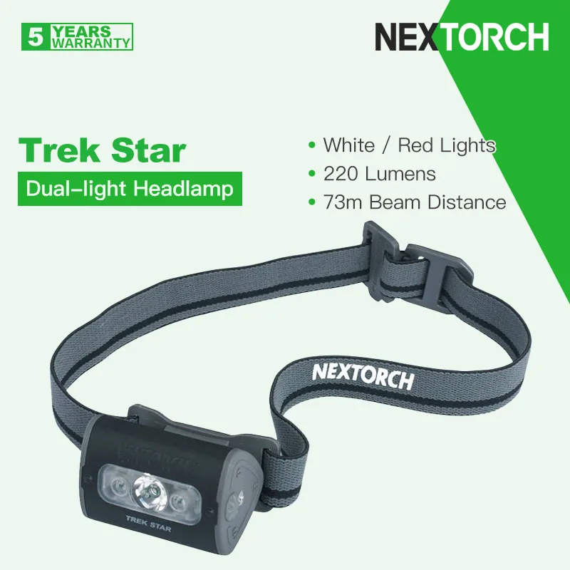 Фото Многорежимный светодиодный налобный фонарь Nextorch Trek Star, белый/красный, двойной свет, SOS в одно касание, легкий, 220 люмен, регулируемый угол 100° №1