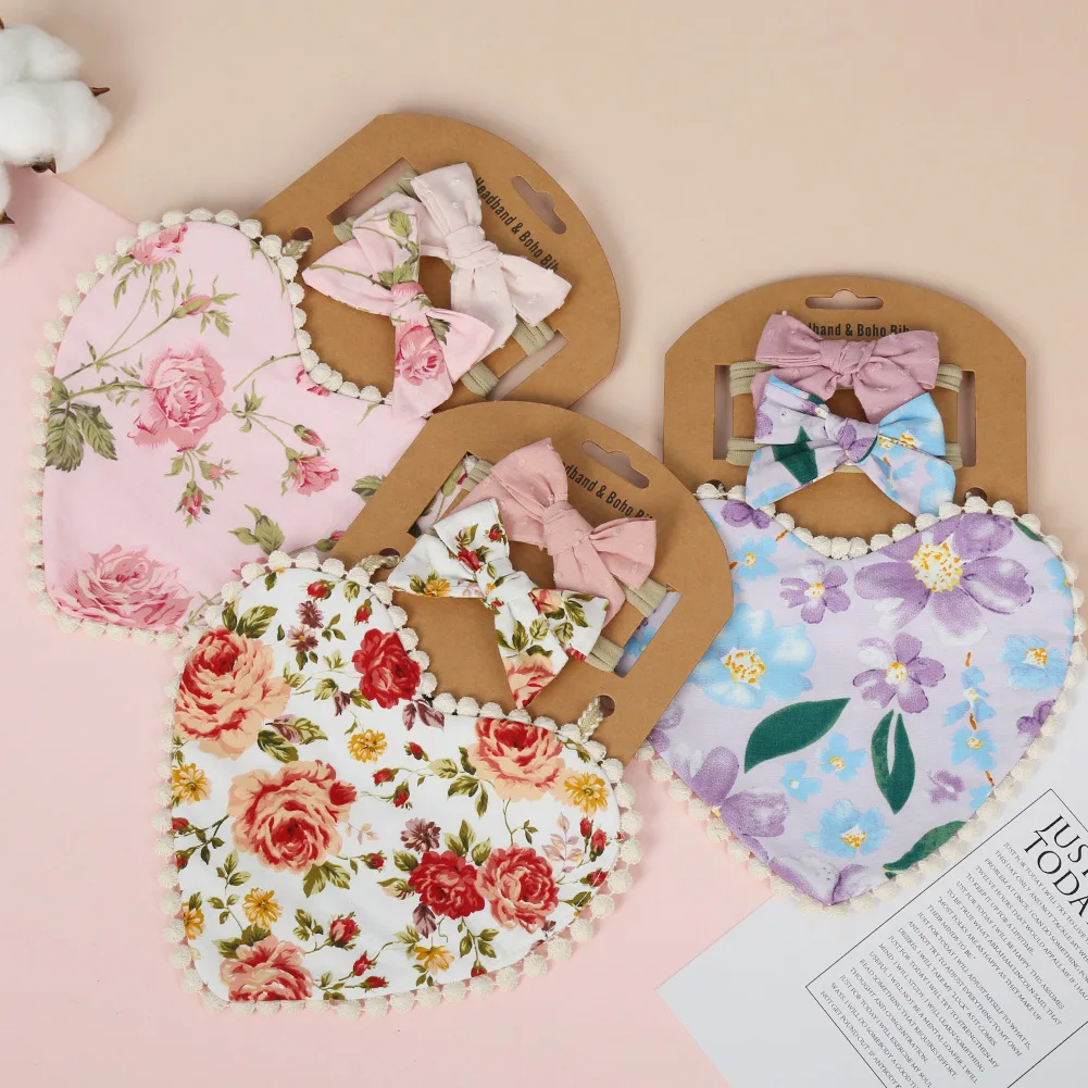 

3Pcs/Set Baby Flower Heart Bibs & Headbands Bow Nylon Hairbands Double Side Saliva Towel Feeding Burp Cloth Scarf Girls Headwear