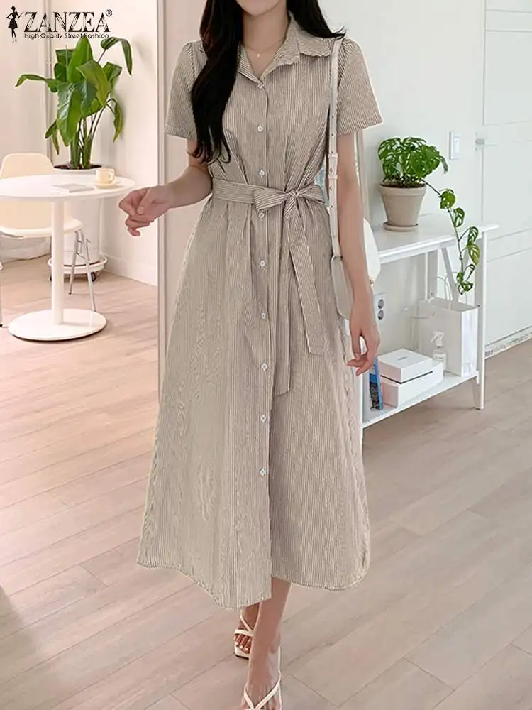 

2023 ZANZEA Summer Casual Party Dresses Elegant Stripes Printed Dress Woman Lapel Lace Up Sundress Female Fashion Loose Vestidos
