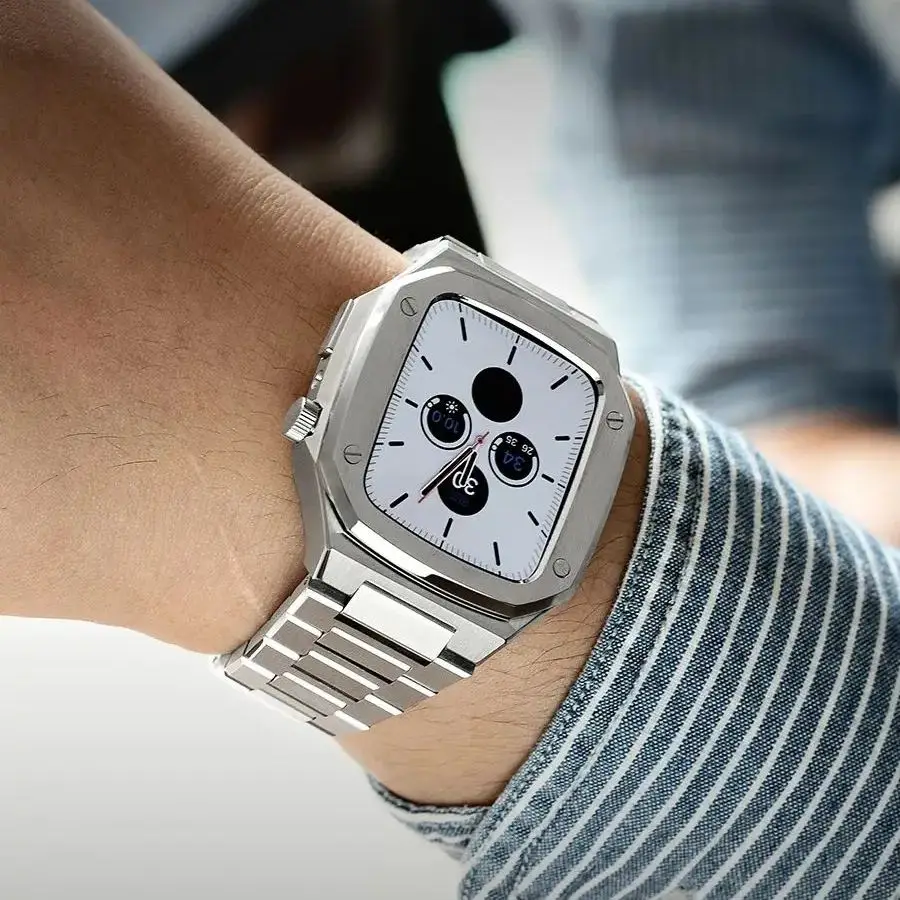 Фото Роскошный модификационный комплект 2025 для Apple Watch Series 11 10 46 мм 45 мм, металлический ремешок из нержавеющей стали для iWatch DIY Mod Kit, безель, чехол №1