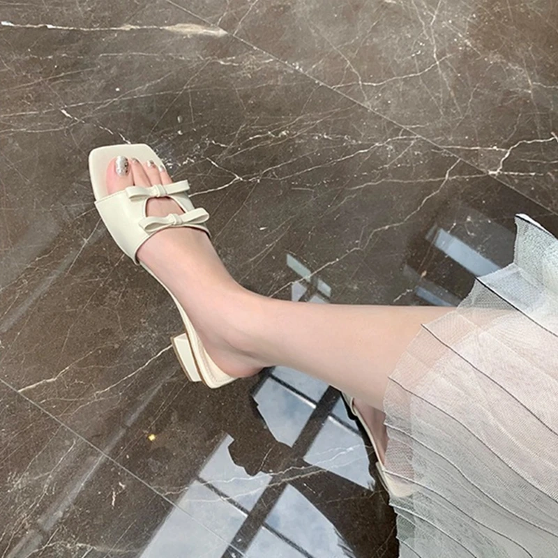 2023 Summer New Brand Women Slippers Fashion Bowtie Slip on Sandals Low Square Heel Outdoor Casual Beach Slides Shoes Flip Flops