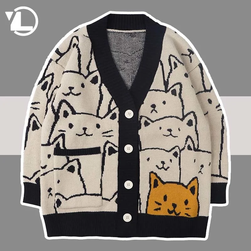 Кардиган в стиле Харадзюку С мультяшным котом свитер Мужская Уличная одежда