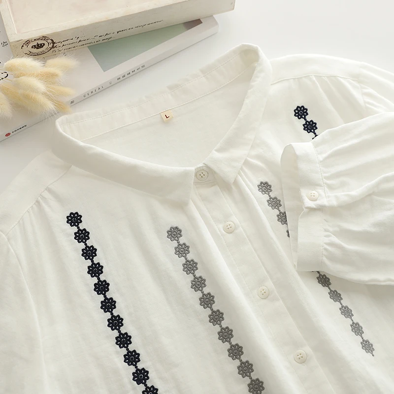 

Женская двухслойная рубашка с цветочной вышивкой, летняя повседневная милая блузка белого цвета с рукавом до локтя, U052