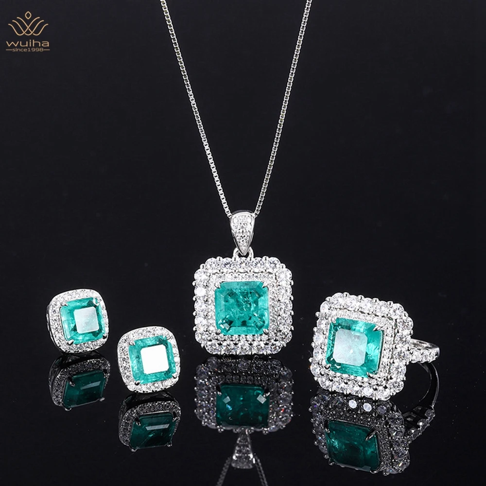 

WUIHA 925 Sterling Silver 10*10MM Emerald Sapphire Courndum Ring/Earrings/Pendant/Necklace Anniversary Jewelry Set Drop Shipping