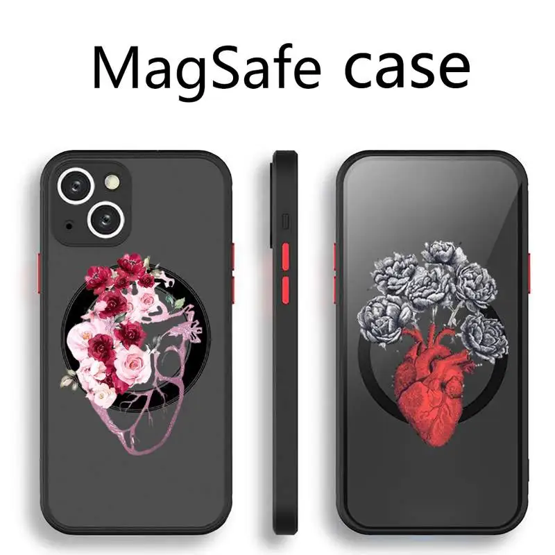 

anatomy heart flowerpattern Phone Case Transparent Magsafe Magnetic Magnet For iPhone 13 12 11 Pro Max Mini Wireless Charging
