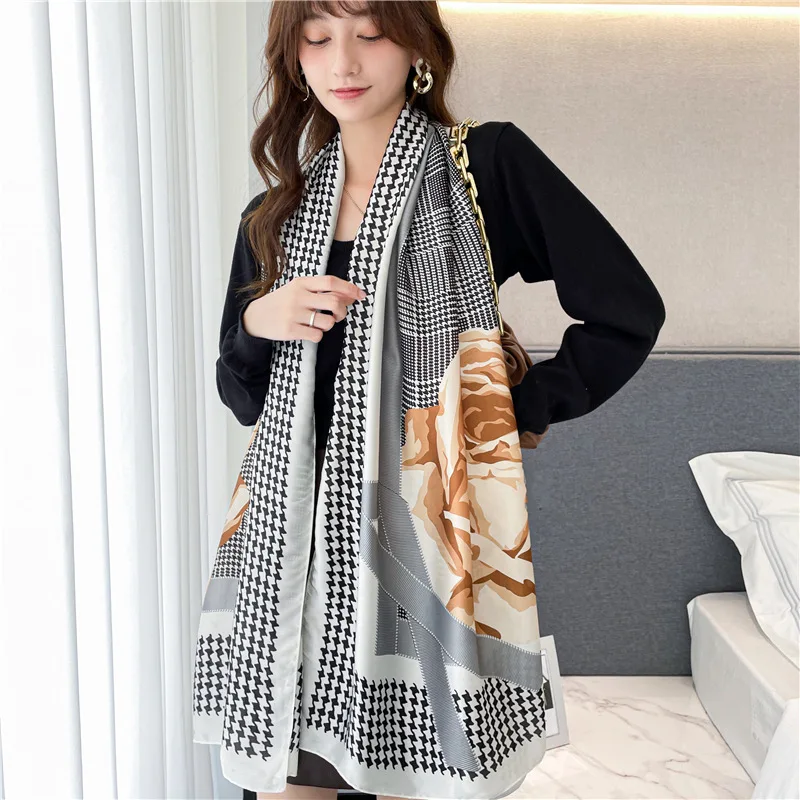 

Женский шёлковый шарф в клетку BYSIFA, черно-белый роскошный длинный шарф в шотландскую клетку, Пляжная шаль на лето и осень-зиму